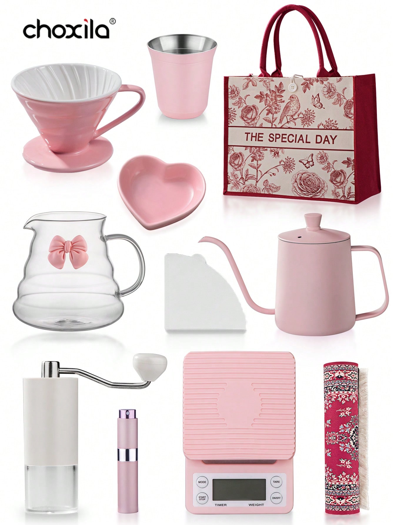 Coffee Equipment Kit - ピンクのプアオーバーコーヒーセット1セット、ハンドバッグ付きハンドブリューコーヒーメーカーキット、女性/母親/友人への携帯用コーヒートラベルギフト