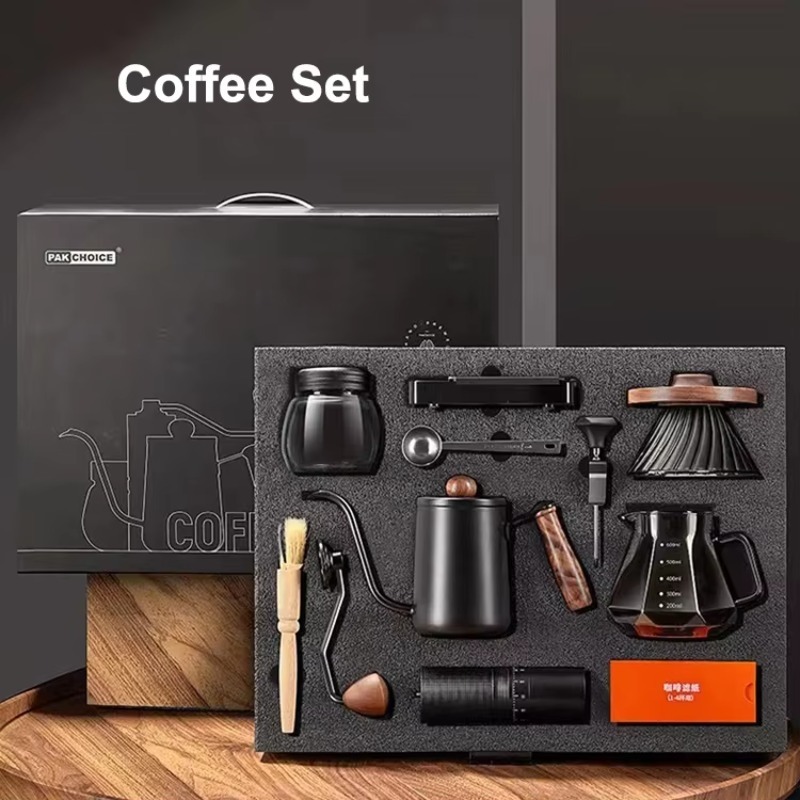 Coffee Equipment Kit - 10点入りトラベルコーヒーセット、手動コーヒーグラインダー、フィルターカップ、シェアリングポット、プアオーバーコーヒーケトルツール、ギフトボックス入り、ティーパーティー用