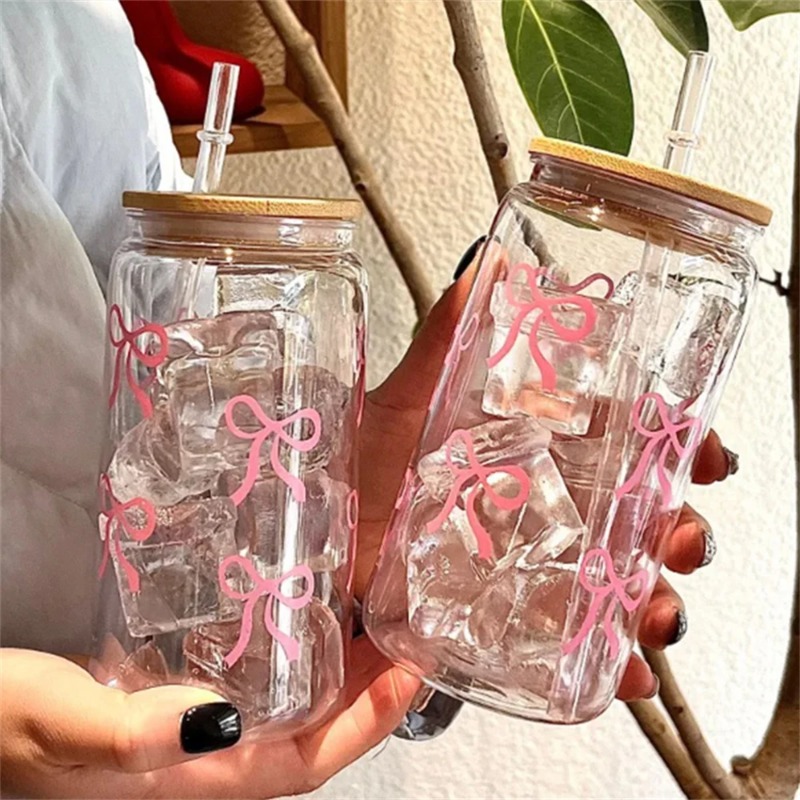 可愛いリボン付きガラスカップ 500ml タンブラー メイソ - Bean Hopper Lid のレビューと価格