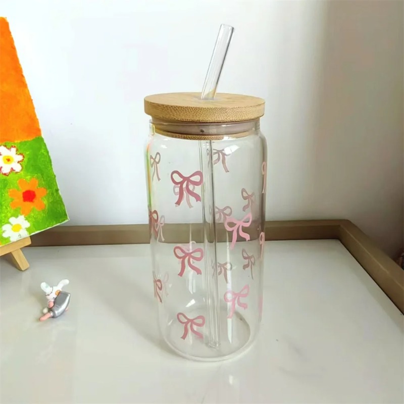 可愛いリボン付きガラスカップ 500ml タンブラー メイソ - Bean Hopper Lid のレビューと価格