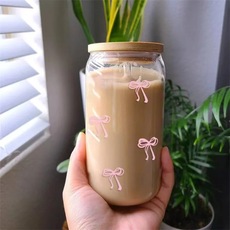 可愛いリボン付きガラスカップ 500ml タンブラー メイソ - Bean Hopper Lid のレビューと価格