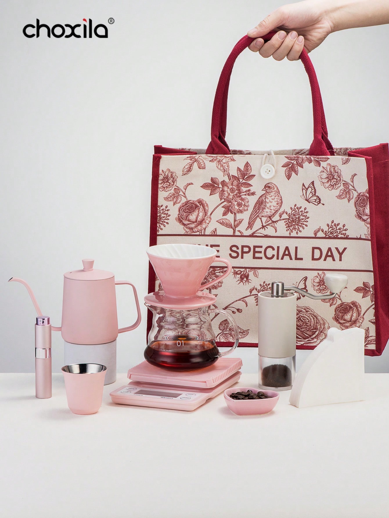 ピンクのプアオーバーコーヒーセット1セット、ハンドバッグ付き - Coffee Equipment Kit のレビューと価格